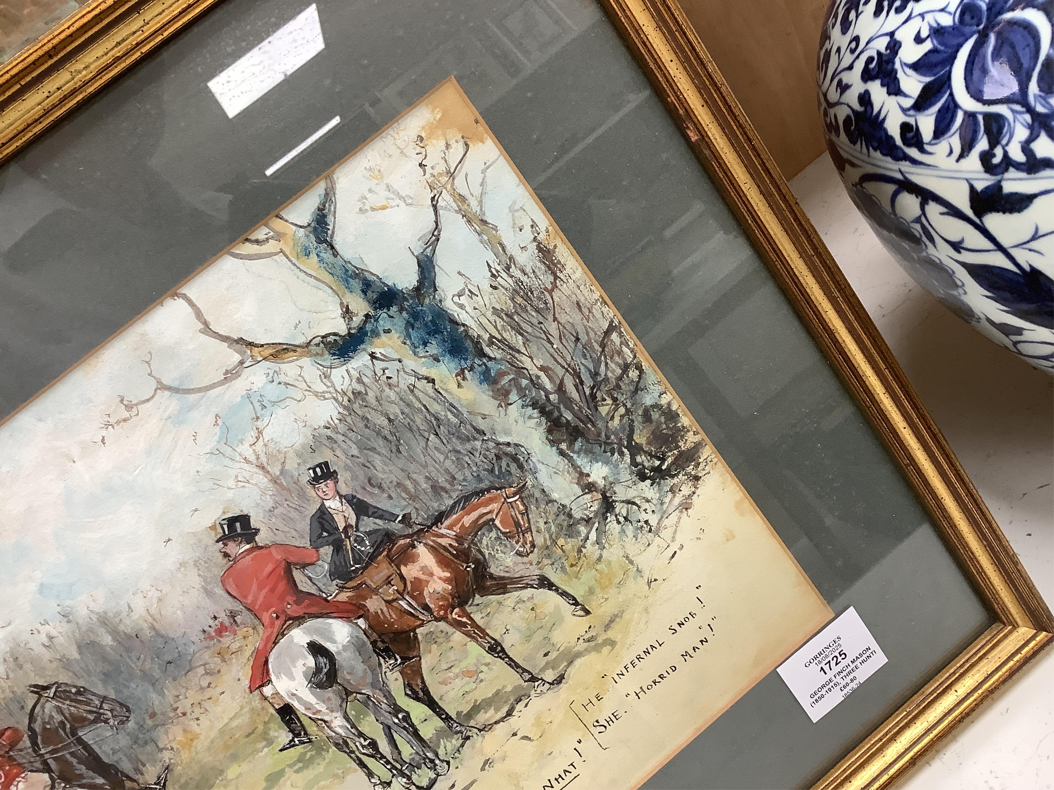 George Finch Mason (1850-1915), three hunting interest watercolours heightened with white, to include: 'Fiend in top boots' and 'Goodbye sweet tart goodbye!', each signed, largest 25 x 36cm